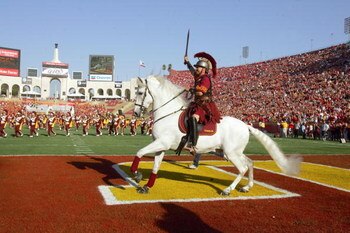 LOS ANGELES - SEPTEMBER 16:  Traveler, mascot of the USC Trojans runs on the field before the game against the Nebraska Cornhuskers on September 16, 2006 at the Los Angeles Memorial Coliseum in Los Angeles, California. (Photo by Stephen Dunn/Getty Images)
