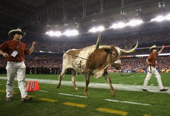 GLENDALE, AZ - JANUARY 05:  The Texas Longhorns mascot 'Bevo' is walked onto the field before the Tostitos Fiesta Bowl Game against the Ohio State Buckeyes on January 5, 2009 at University of Phoenix Stadium in Glendale, Arizona.  (Photo by Jed Jacobsohn/