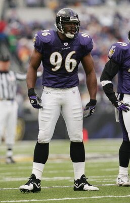 BALTIMORE - OCTOBER 24:  Adalius Thomas #96 of the Balitmore Ravens waits to line up at scrimmage against the Buffalo Bills during their game at M&T Bank Stadium on October 24, 2004 in Baltimore, Maryland. The Ravens defeated the Bills 20-6. (Photo by Dou