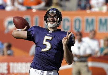 MIAMI, FL - JANUARY 4:  Quarterback Joe Flacco #5 of the Baltimore Ravens sets to pass against the Miami Dolphins in an NFL Wildcard Playoff Game at Dolphins Stadium on January 4, 2009 in Miami, Floirda.  (Photo by Al Messerschmidt/Getty Images) 