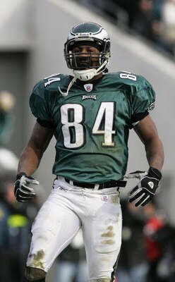 PHILADELPHIA - JANUARY 16:  Wide receiver Freddie Mitchell #84 of the Philadelphia Eagles celebrates after scoring a touchdown on a fumble recovery in the first half against the Minnesota Vikings in an NFC divisional playoff game at Lincoln Financial Fiel
