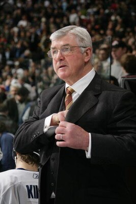 VANCOUVER - JANUARY 10:  Head Coach Pat Quinn of the Toronto Maple Leafs looks on during their NHL game against the Vancouver Canucks at General Motors Place on January 10, 2006 in Vancouver, Canada. The Canucks defeated the Maple Leafs 4-3.  (Photo by Je