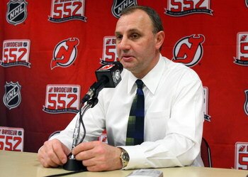 NEWARK, NJ - MARCH 17:  Head coach of the New Jersey Devils, Brent Sutter, talks during a press conference after defeating the Chicago Blackhawks 3-2 at the Prudential Center on March 17, 2009 in Newark, New Jersey.  (Photo by Jim McIsaac/Getty Images)