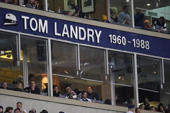 IRVING, TX - DECEMBER 20: The name of former coach, Tom Landry on the ring of honor during the last home game against the Baltimore Ravens on December 20, 2008 in Irving, Texas. The Cowboys are playing their final regular season home game before moving t