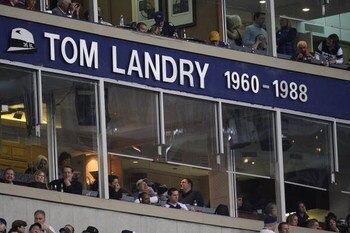 IRVING, TX - DECEMBER 20:  The name of former coach, Tom Landry on the ring of honor during the last home game against the Baltimore Ravens on December 20, 2008 in Irving, Texas. The Cowboys are playing their final regular season home game before moving t