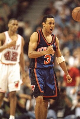 3 May 1998: John Starks #3 of the New York Knicks during a game against the Miami Heat at the Miami Arena in Miami, Florida. The Knicks defeated the Heat 98-81.