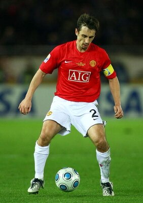 YOKOHAMA, JAPAN - DECEMBER 18: Gary Neville of Manchester United controls the ball during the FIFA Club World Cup Japan 2008 semi final match between Gamba Osaka and Manchester United at the International Stadium Yokohama on December 18, 2008 in Yokohama