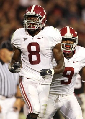 ATHENS, GA - SEPTEMBER 27:  Wide receivers Nikita Stover #9 and Julio Jones #8 of the Alabama Crimson Tide celebrates Jones' touchdown catch in the second quarter against the Georgia Bulldogs at Sanford Stadium on September 27, 2008 in Athens, Georgia.  (