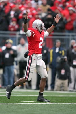 COLUMBUS, OH - NOVEMBER 22:  Quarterback Terrelle Pryor #2 of the Ohio State Buckeyes celebrates during the Big Ten Conference game against the Michigan Wolverines at Ohio Stadium on November 22, 2008 in Columbus, Ohio.  (Photo by Andy Lyons/Getty Images)