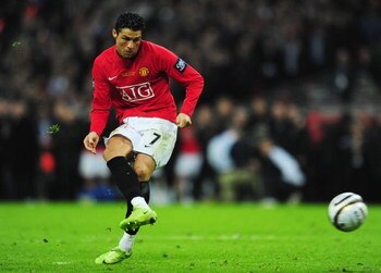 LONDON - MARCH 01: Cristiano Ronaldo of Manchester United scores a penalty in the shoot out during the Carling Cup Final match between Manchester United and Tottenham Hotspur at Wembley Stadium on March 1, 2009 in London, England. (Photo by Mike Hewitt/