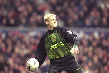 6 Dec 1997: Manchester United goalkeeper Peter Schmeichel throws the ball out during an FA Carling Premiership match against Liverpool at Anfield in Liverpool, England. Manchester United won the match 3-1. Mandatory Credit: Ben Radford/Allsport