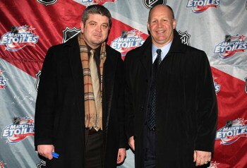 MONTREAL - JANUARY 24:  Head coach Todd McLellan  of the San Jose Sharks and Claude Julien of the Boston Bruins arrives for the Honda NHL Superskills competition as part of the 2009 NHL All-Star weekend on January 24, 2009 at the Bell Centre in Montreal, 