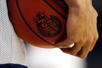 DETROIT - APRIL 03:  A detail of a player from the Connecticut Huskies holding a basketball with the 2009 Final Four logo on it during practice prior to the Final Four of the NCAA Division I Men's Basketball Tournament at Ford Field on April 3, 2009 in De