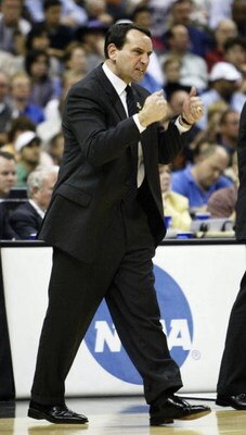 SAN ANTONIO - APRIL 3:  Head coach Mike Krzyzewski of the Duke Blue Devils gestures during the semifinal game of the NCAA Final Four Tournament against the UConn Huskies on April 3, 2004 at the Alamodome in San Antonio, Texas.  (Photo by Stephen Dunn/Gett