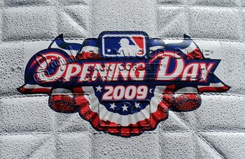 ARLINGTON, TX - APRIL 06:  The 'Opening Day 2009' logo on a base before a game between the Cleveland Indians and the Texas Rangers during the home opener on April 6, 2009 at Rangers Ballpark in Arlington, Texas.  (Photo by Ronald Martinez/Getty Images)