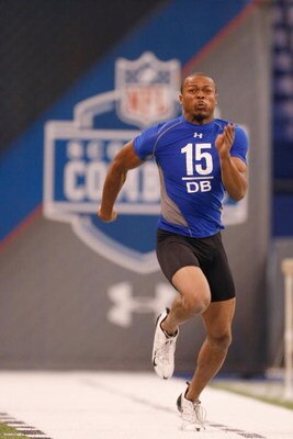 INDIANAPOLIS, IN - FEBRUARY 24:  Defensive back Bradley Fletcher of Iowa runs the 40 yard dash during the NFL Scouting Combine presented by Under Armour at Lucas Oil Stadium on February 24, 2009 in Indianapolis, Indiana. (Photo by Scott Boehm/Getty Images