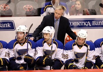 GLENDALE, AZ - APRIL 07:  Head coach Andy Murray of the St. Louis Blues directs his team during the NHL game against the Phoenix Coyotes at Jobing.com Arena on April 7, 2009 in Glendale, Arizona. The Blues defeated the Coyotes 5-1.  (Photo by Christian Pe