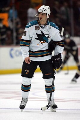 ANAHEIM, CA - MARCH 15:  Brad Staubitz     #59 of the San Jose Sharks skates during warm-up prior to the NHL game against the Anaheim Ducks at Honda Center on March 15, 2009 in Anaheim, California. The Sharks shutout the Ducks 1-0.  (Photo by Victor Decol
