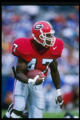 2 Nov 1996:  Tailback Robert Edwards of the Georgia Bulldogs runs down the field during a game against the Florida Gators at Jacksonville Stadium in Jacksonville, Florida.  Florida won the game 47-7. Mandatory Credit: Andy Lyons  /Allsport