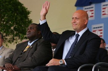 COOPERSTOWN, NY - JULY 29:  2007 inductees Tony Gwynn (L) and Cal Ripken Jr. are introduced to the crowd during the Baseball Hall of Fame induction ceremony on July 29, 2007 at Clark Sports Center in Cooperstown, New York.  (Photo by Chris McGrath/Getty I