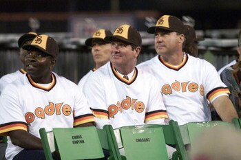 7 Oct 01:   (Left to right:  first baseman Broderick Perkins, pitcher John Curtis, catcher Terry Kennedy) Members of the starting lineup of San Diego Padres outfielder Tony Gwynn's first Major League game watch the video board during Gwynn's retirement ce