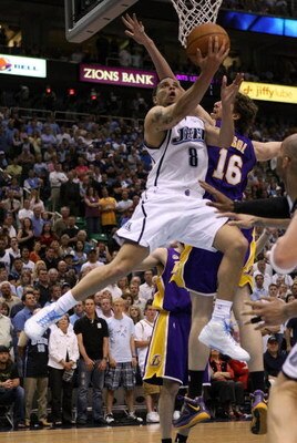 SALT LAKE CITY - MAY 16:  Deron Williams #8 of the Utah Jazz goes up for a shot against Pau Gasol #16 of the Los Angeles Lakers in Game Six of the Western Conference Semifinals during the 2008 NBA Playoffs at EnergySolutions Arena on May 16, 2008 in Salt 