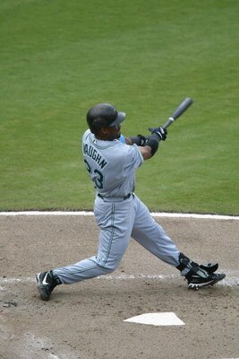MIAMI - JUNE 16:  Leftfielder Greg Vaughn #23 of the Tampa Bay Devil Rays swings the bat against the Florida Marlins during the MLB game at Pro Player Stadium in Miami, Florida on June 16, 2002.  The Devil Rays defeated the Marlins 4-1.  (Photo By Eliot S