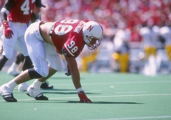 16 Sep 1995:  Linebacker Grant Wistrom of the Nebraska Cornhuskers in his stance during a game against the Arizona State Sun Devils at Memorial Stadium in Lincoln, Nebraska.  Nebraska won the game, 77-28. Mandatory Credit: Stephen Dunn  /Allsport