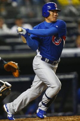 NEW YORK - APRIL 03: Kosuke Fukudome #1 of the Chicago Cubs watches his hit against the New York Yankees during their game on April 3, 2009 at Yankee Stadium in the Bronx borough of New York City. The exhibition game is the first game to be played at the 