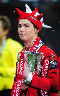 LONDON - MARCH 01:  Cristiano Ronaldo of Manchester United celebrates with the trophy after victory during the Carling Cup Final match between Manchester United and Tottenham Hotspur at Wembley Stadium on March 1, 2009 in London, England.  (Photo by Mike 