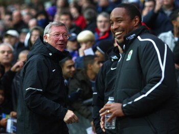 BLACKBURN, UNITED KINGDOM - OCTOBER 04:  Manchester United Manager Sir Alex Ferguson shares a joke with Blackburn Rovers Manager Paul Ince (R) prior to the start of the Barclays Premier League match between Blackburn Rovers and Manchester United at Ewood 