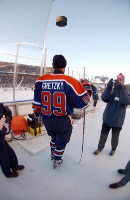 EDMONTON, CANADA - NOVEMBER 22:  Wayne Gretzky #99 of the Edmonton Oilers poses for a photo during the Molson Canadien Heritage Classic against the Montreal Canadiens on November 22, 2003 at Commonwealth Stadium in Edmonton, Canada. The Oilers defeated th