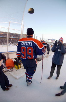 EDMONTON, CANADA - NOVEMBER 22:  Wayne Gretzky #99 of the Edmonton Oilers poses for a photo during the Molson Canadien Heritage Classic against the Montreal Canadiens on November 22, 2003 at Commonwealth Stadium in Edmonton, Canada. The Oilers defeated th