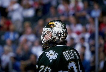 15 Apr 1998:  Goaltender Ed Belfour of the Dallas Stars in action during a game against the Detroit Red Wings at the Reunion Arena in Dallas, Texas. The Stars defeated the Red Wings 3-1. Mandatory Credit: Stephen Dunn  /Allsport