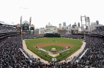 DETROIT - APRIL 10:  General view of Comerica Park during the National Anthem prior to the Opening Day game between the Detroit Tigers on Texas Rangers on April 10, 2009 at Comerica Park in Detroit, Michigan. Detroit won the game 15-2.  (Photo by Gregory 