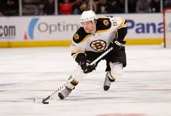 NEW YORK - MARCH 08:  Phil Kessel #81 of the Boston Bruins skates with the puck against the New York Rangers on March 8, 2009 at Madison Square Garden in New York City, New York.  (Photo by Nick Laham/Getty Images)