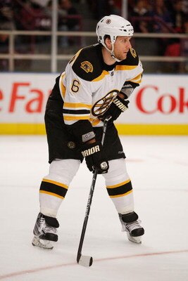 NEW YORK - MARCH 08:  Dennis Wideman #6 of the Boston Bruins waits for the puck against the New York Rangers on March 8, 2009 at Madison Square Garden in New York City, New York.  (Photo by Nick Laham/Getty Images)