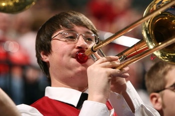 INDIANAPOLIS - MARCH 12:  A member of the Indiana Hoosiers band performs against the Penn State Nittany Lions during the first round of the Big Ten Men's Basketball Tournament at Conseco Fieldhouse on March 12, 2009 in Indianapolis, Indiana.  (Photo by Jo