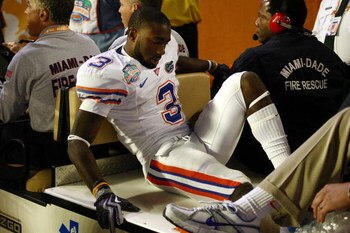 MIAMI - JANUARY 08:  Chris Rainey #3 of the Florida Gators is carted off of the field after getting injured while playing against the Oklahoma Sooners in the FedEx BCS National Championship Game at Dolphin Stadium on January 8, 2009 in Miami, Florida.  (P