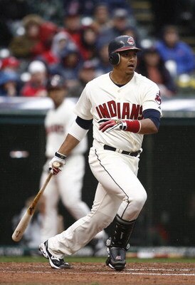 CLEVELAND - APRIL 10:  Victor Martinez #41 of the Cleveland Indians hits a single against the Toronto Blue Jays in the first inning April 10, 2009 at Progressive Field in Cleveland, Ohio.  (Photo by Matt Sullivan/Getty Images)