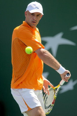 INDIAN WELLS, CA - MARCH 19: Ivan Ljubicic of Croatia returns a shot to Andy Murray of Great Britain during the BNP Paribas Open at the Indian Wells Tennis Garden March 19, 2009 in Indian Wells, California. (Photo by Matthew Stockman/Getty Images)
