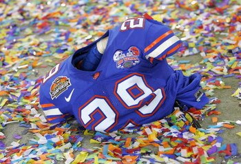 GLENDALE, AZ - JANUARY 08:  The shoulder pads and jersey of Eric Rutledge #29 of the Florida Gators sit in a pile of confetti after defeating the Ohio State Buckeyes 41-14 during the 2007 Tostitos BCS National Championship Game at the University of Phoeni