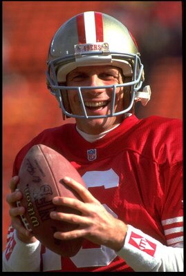 9 Jan 1993: SAN FRANCISCO 49ERS QUARTERBACK JOE MONTANA SHOWS HINT OF JOY DURING 49ERS 20-13 NFC DIVISIONAL PALYOFF VICTORY OVER THE WASHINGTON REDSKINS AT CANDLESTICK PARK IN SAN FRANCISCO, CALIFORNIA