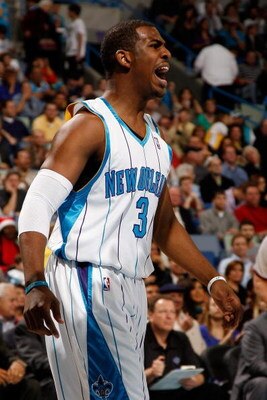 NEW ORLEANS - DECEMBER 23:  Chris Paul #3 of the New Orleans Hornets reacts against the Los Angeles Lakers on December 23, 2008 at the New Orleans Arena in New Orleans, Louisiana.  NOTE TO USER: User expressly acknowledges and agrees that, by downloading 