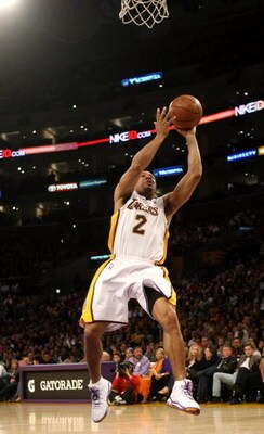 LOS ANGELES - APRIL 12: Derek Fisher #2 of the Los Angeles Lakers shoots against the Memphis Grizzlies on April 12, 2009 at Staples Center in Los Angeles, California. The Lakers won 92-75. NOTE TO USER: User expressly acknowledges and agrees that, by down