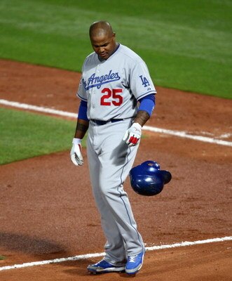 ATLANTA - APRIL 18: Center fielder Andruw Jones #25 of the Los Angeles Dodgers strikes out for the second time during the game against the Atlanta Braves on April 18, 2008 at Turner Field in Atlanta, Georgia.  This is Andruw's first game back to Turner Fi