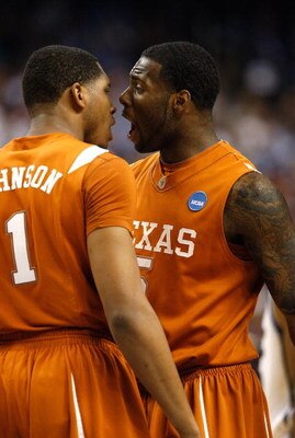GREENSBORO, NC - MARCH 21:  Damion James #5 of the Texas Longhorns reacts to Gary Johnson #1 against the Duke Blue Devils during the second round of the NCAA Division I Men's Basketball Tournament at the Greensboro Coliseum on March 21, 2009 in Greensboro