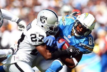 SAN DIEGO - OCTOBER 14:  Wide Receiver Buster Davis #84 of the San Diego Chargers is tackled by Cornerback Fabian Washington #27 of the Oakland Raiders during the first half on October 14, 2007 at Qualcomm Stadium in San Diego, California.  (Photo by Dona