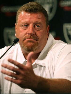 ALAMEDA, CA - SEPTEMBER 30:  Tom Cable speaks during a press conference after being named new head coach after the firing of Lane Kiffin of the Oakland Raiders at thier training facility on Septemer 30, 2008 in Alameda, California.  (Photo by Jed Jacobsoh