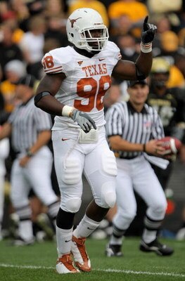 BOULDER, CO - OCTOBER 04:  Brian Orakpo #98 of the Texas Longhorns leaves the field between plays against the Colorado Buffaloes at Folsom Field on October 4, 2008 in Boulder, Colorado. Texas defeated Colorado 38-14.  (Photo by Doug Pensinger/Getty Images